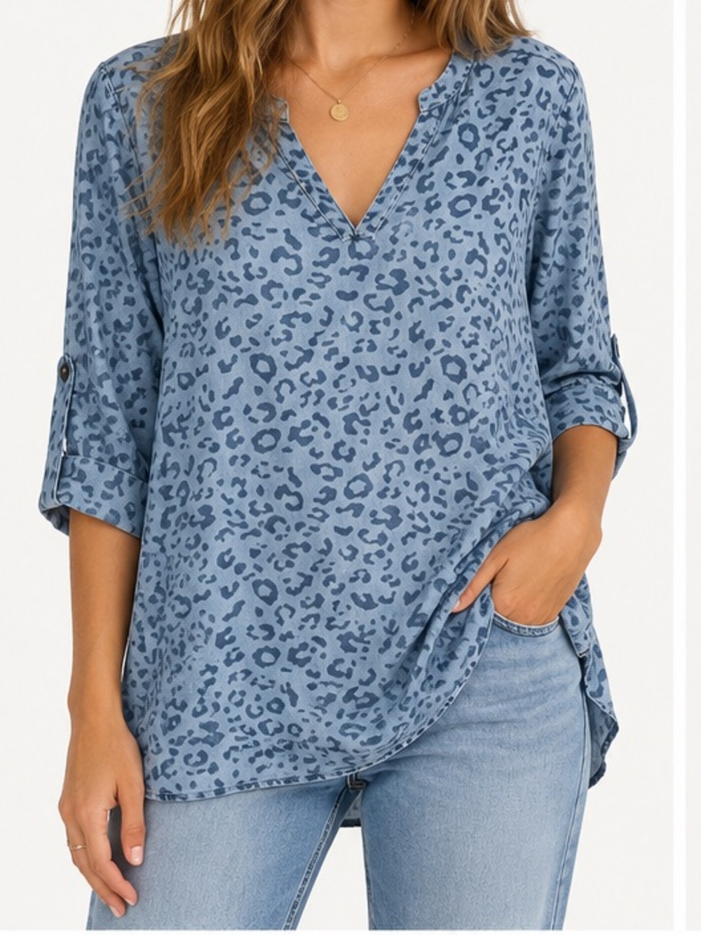 Philosophy Tunic Flowy Top Roll Tab Sleeve V-Neck Denim Leopard Chambray Top
